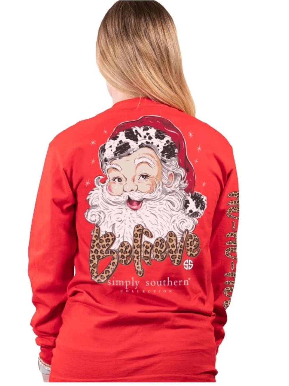 Simply Southern Red 'Believe' Santa Graphic women’s Shirt with Leopard, small